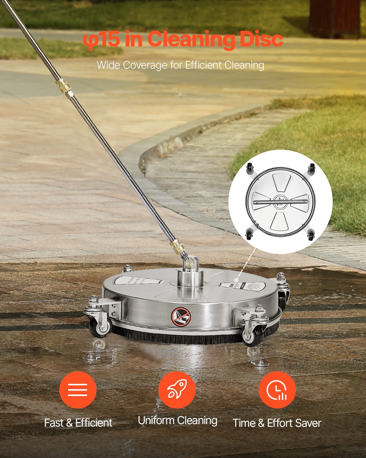 VEVOR 15″ Pressure Washer Surface Cleaner 4 Wheels 4000 Max PSI 2 Extended Wands