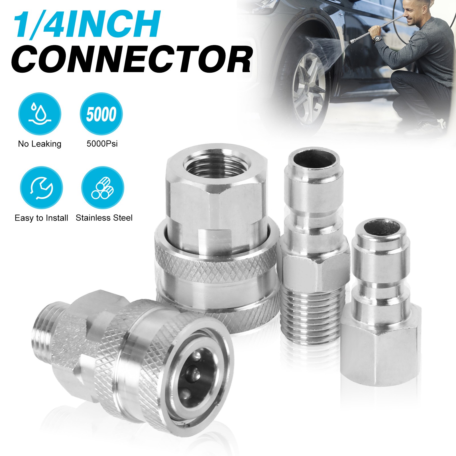 4PC 1/4″ NPT Stainless Steel Quick Connect Fitting Pressure Washer Adapter Set