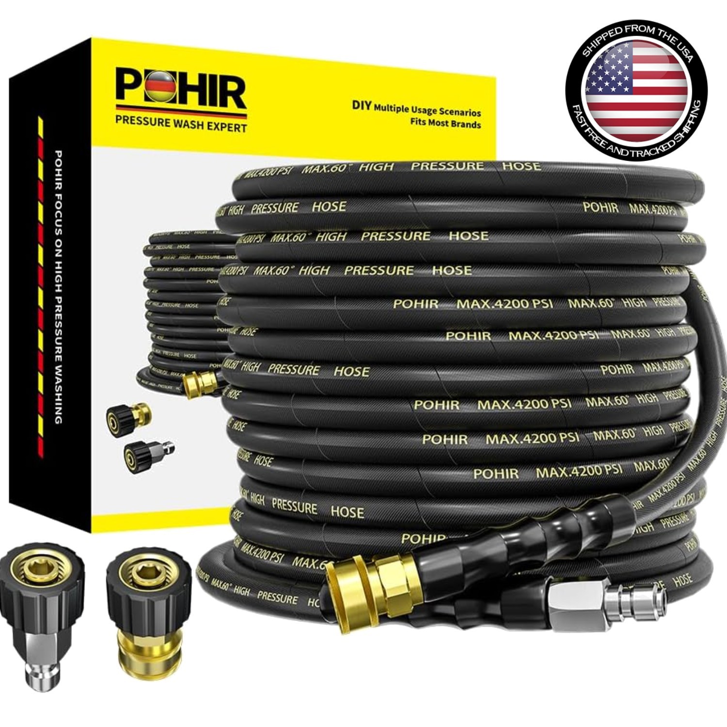 Versatile 50ft Kink Resistant Pressure Washer Hose with Fast Connect & Adapters
