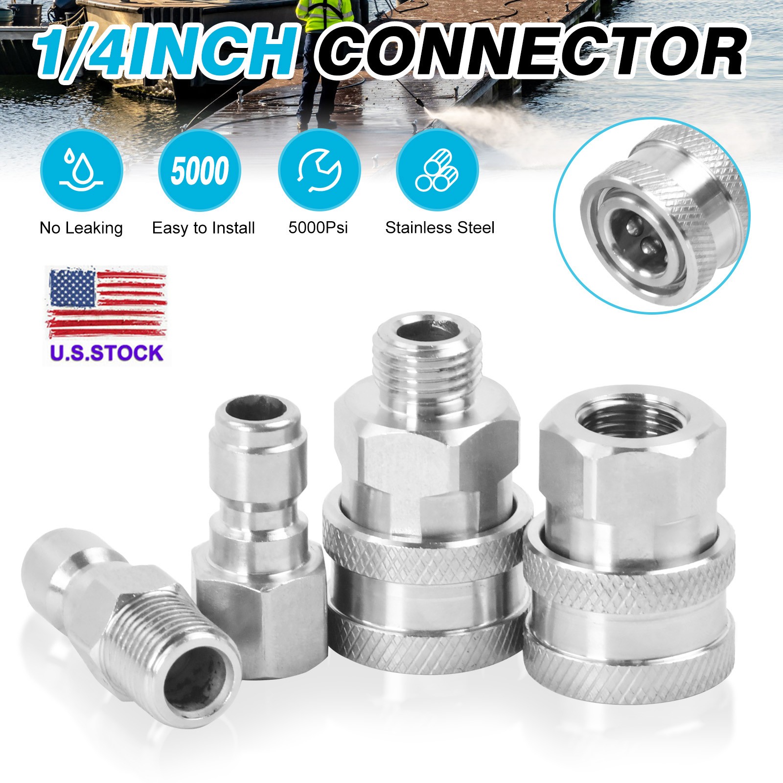 2 Sets NPT 1/4 Inch Pressure Washer Coupler Quick Connect Plug Fitting Adapter