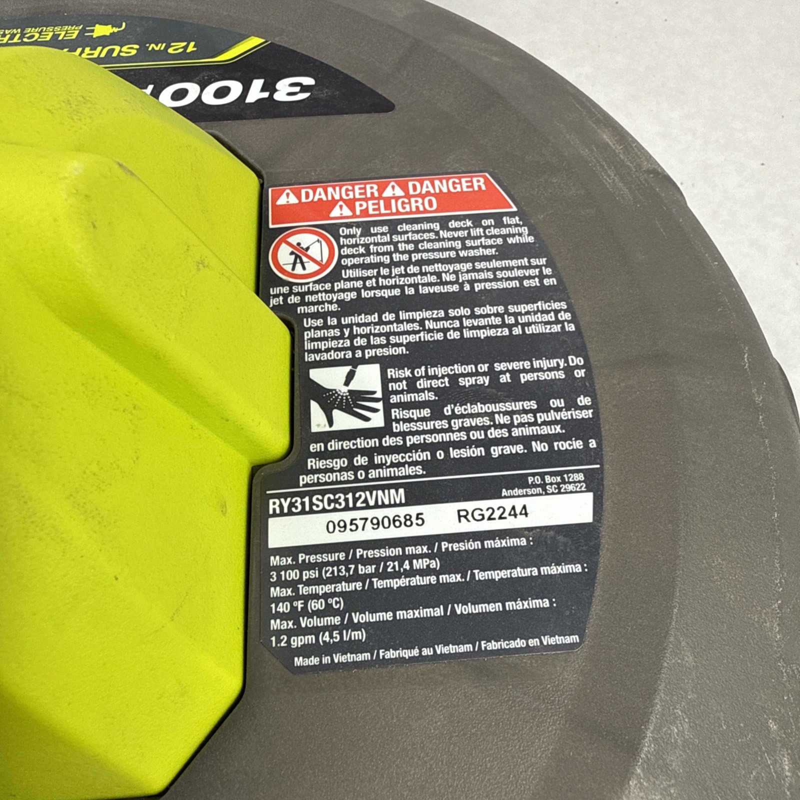 RYOBI 12in Electric Pressure Washer Surface Cleaner RY31012 3100psi 1.2GPM