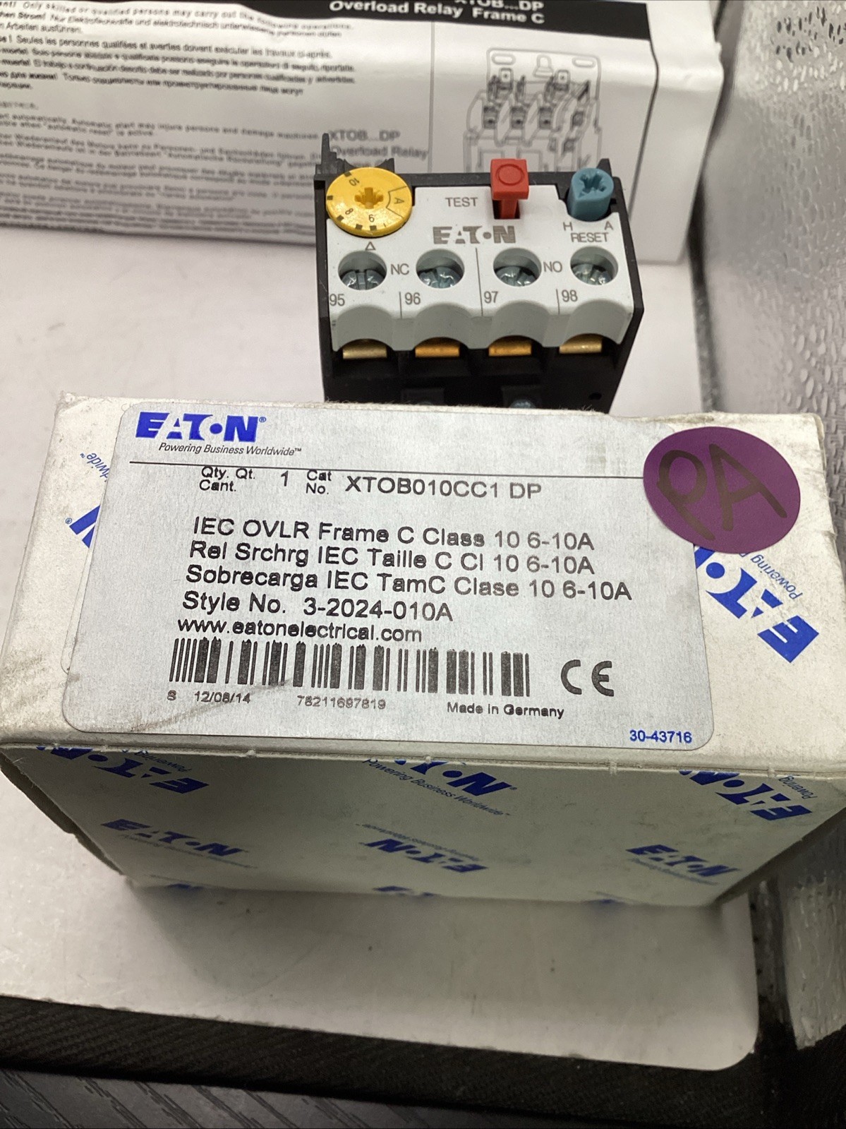 Eaton XTOB010CC1 IEC Overload Relay Frame C Class 10 DP 6-10 Amp 🟣