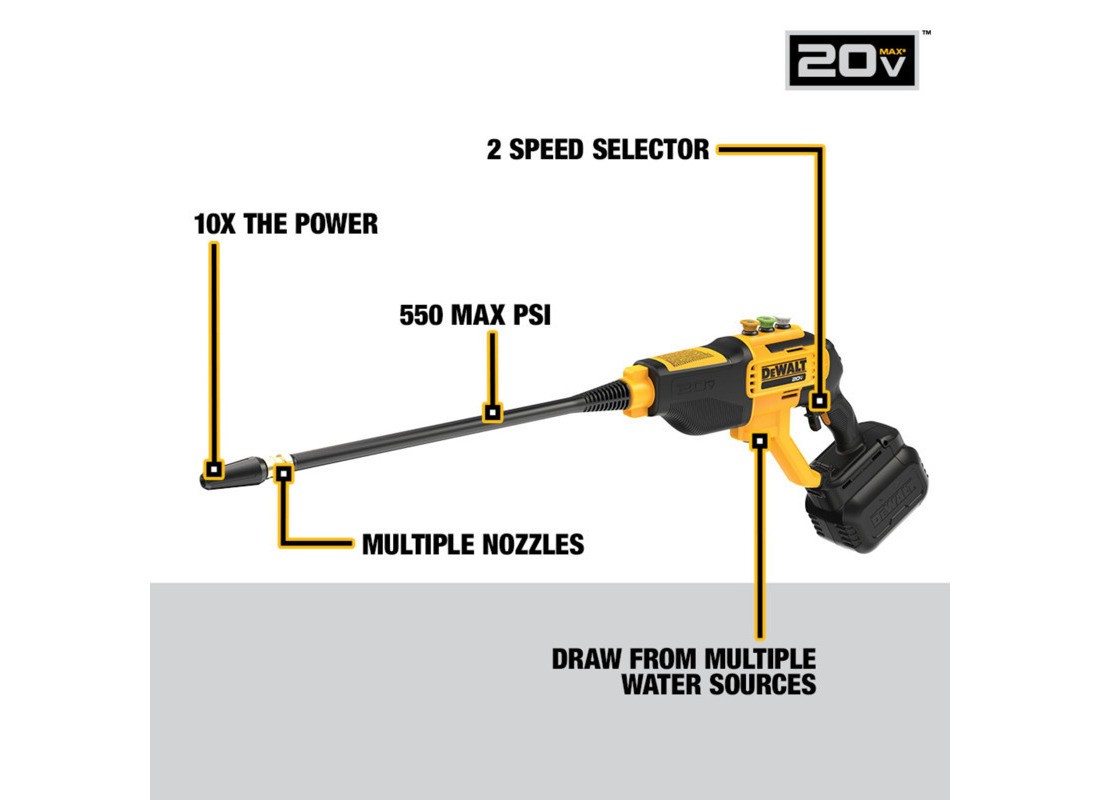 Cordless Electric Power Cleaner, 20 V Battery, 1.0 gpm, 550 psi Pressure, 20 ft