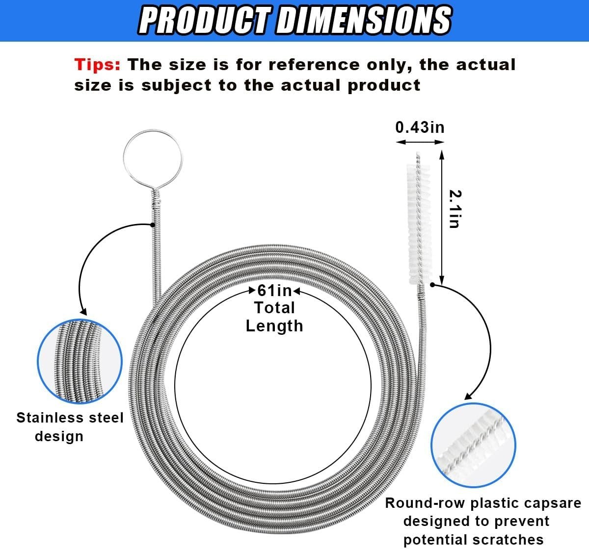 Long 61 Inch Flexible Long Drain Brush, Nylon Stainless 61 inch, White Brush