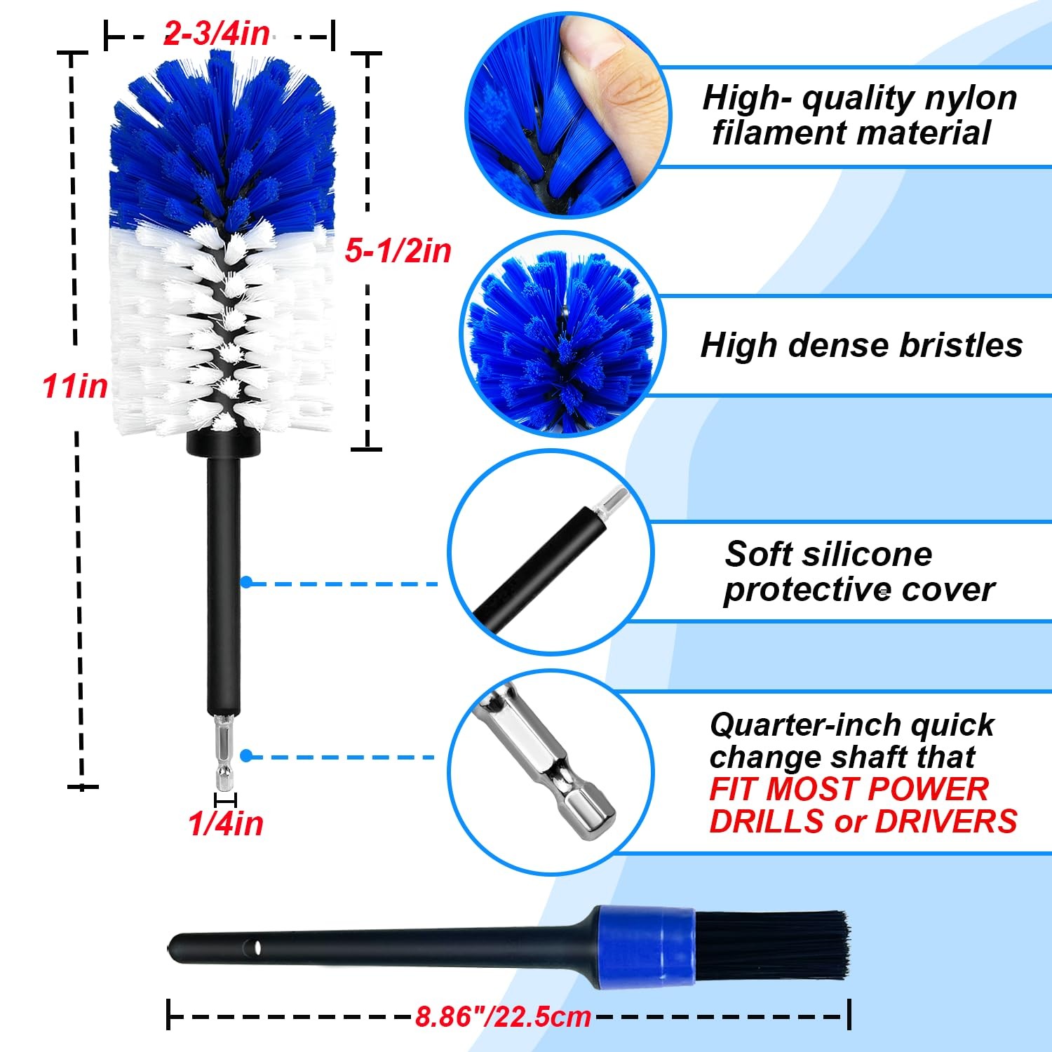 Wheel Brush Kit, 9.6 inches (length) x 2.3 (diameter), Blue/White,2pcs