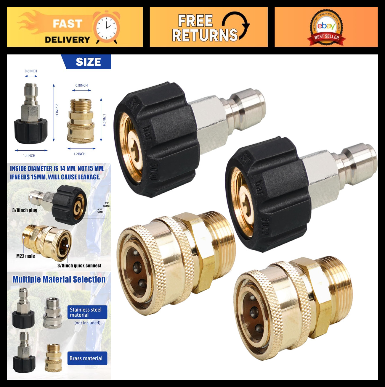 Pressure Washer Quick Connect Fittings M22 14mm to 3/8 Inch Adapter Set – 2 Pack