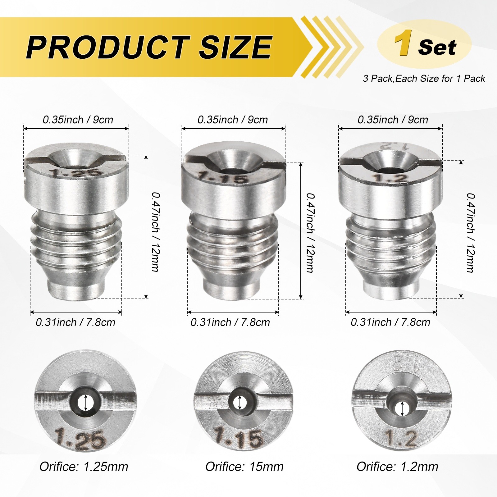 3-Pack 1.15/1.2/1.25 mm Stainless Steel Foam Cannon Orifice Nozzle Tips