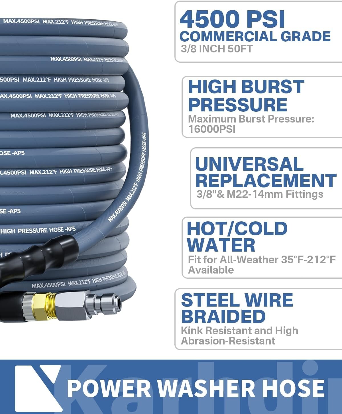 50FT 3/8″ Pressure Washer Hose 4500PSI 2-Braid Kink Resistant Power Hose QC