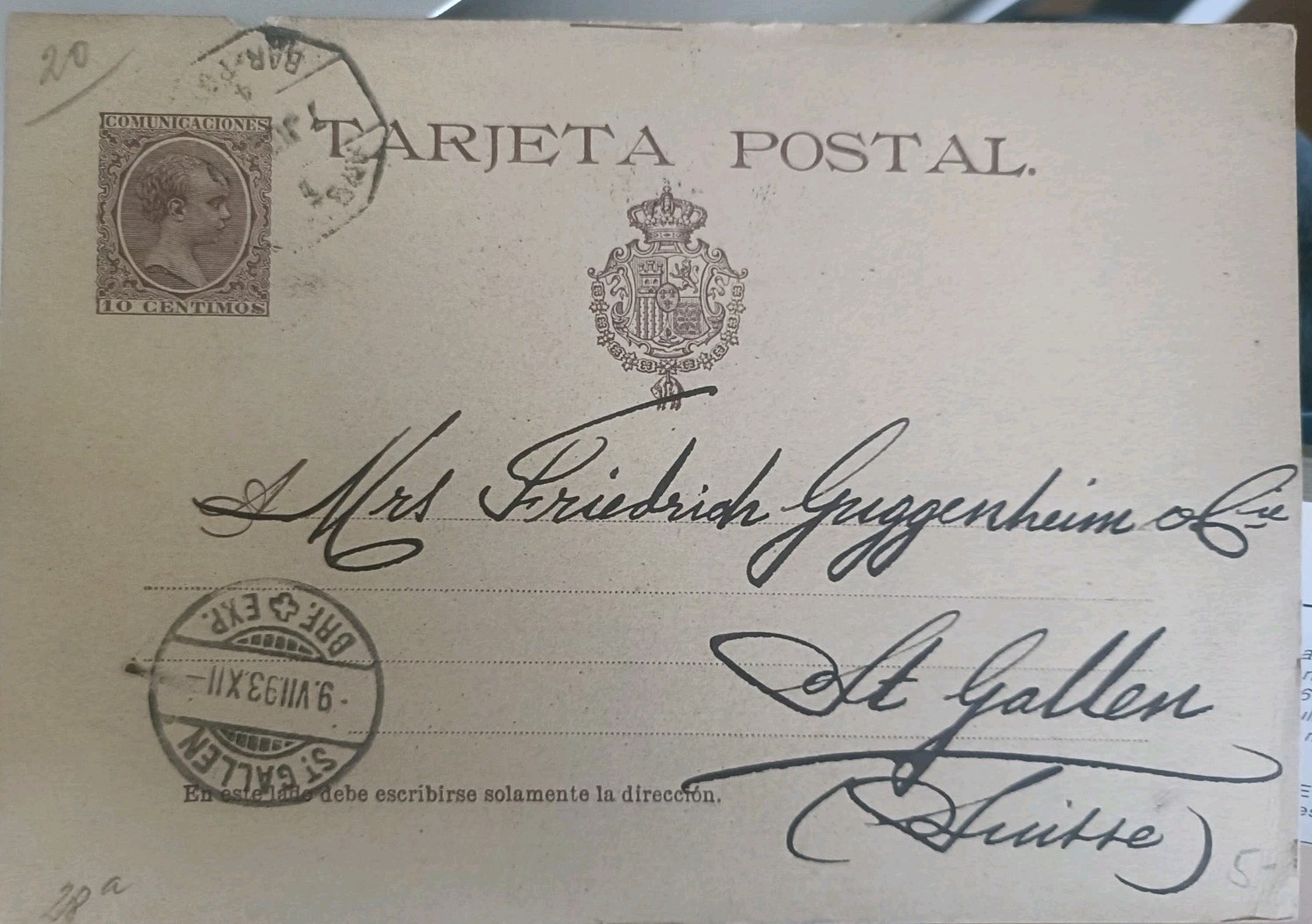 Entire Postcard SPAIN edifil# EP 27A Barcelona to Switzerland St. Gallen 1893