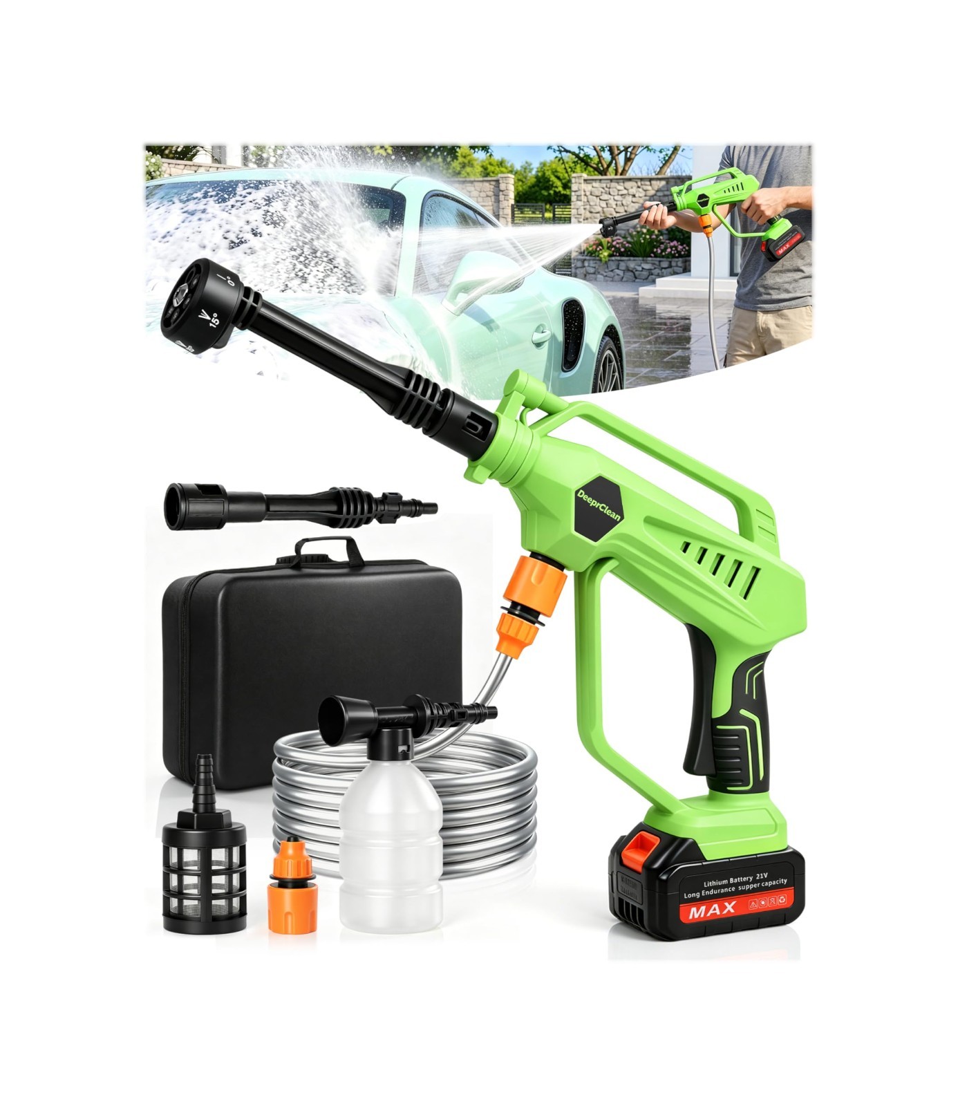 Portable Cordless Car Washer 6-in-1 Nozzle, Brushless Motor, Adjustable Levels,