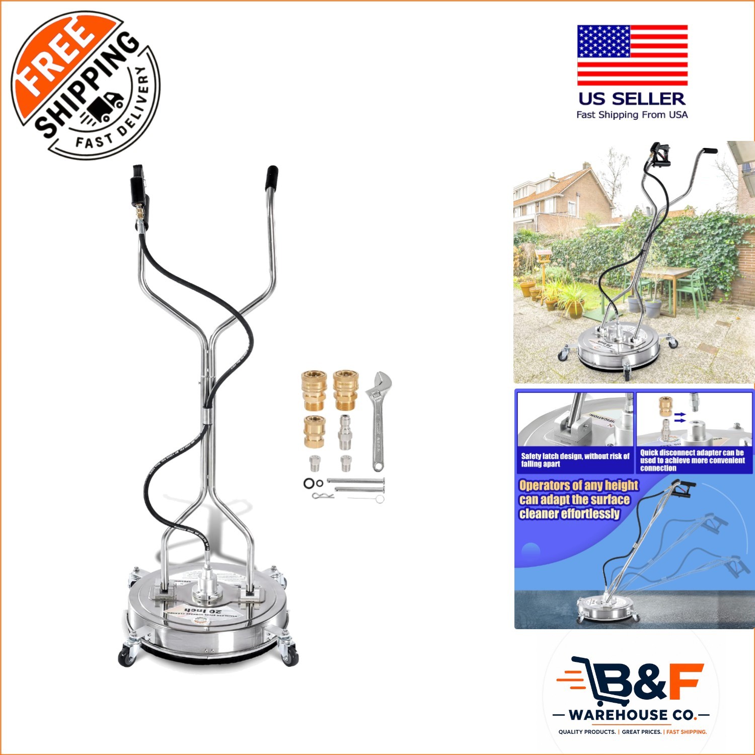 Time-Saving 20″ Pressure Washer Surface Cleaner with Wheels and Features