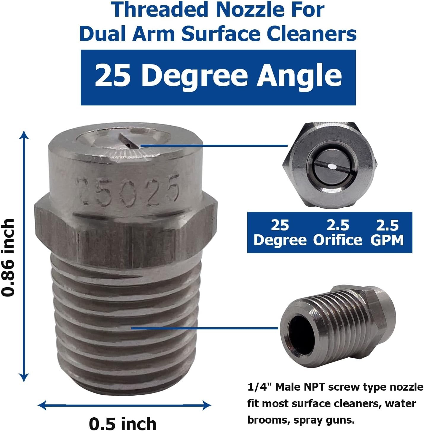 4-Pack Stainless Steel Pressure Washer Nozzle Tips, 4000 PSI, 25° Spray, 2.5 GPM