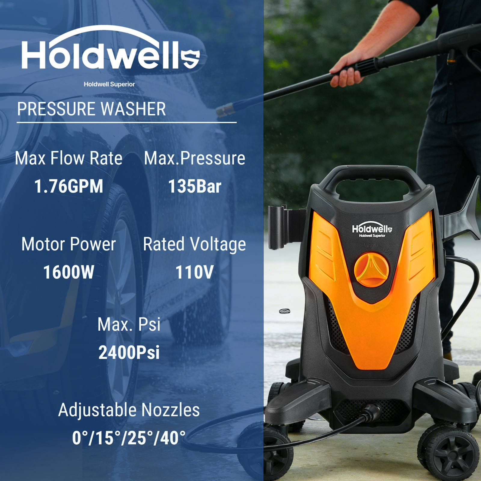 HoldwellS Electric Pressure Washer, 2500 Max PSI 1.76 Max GPM