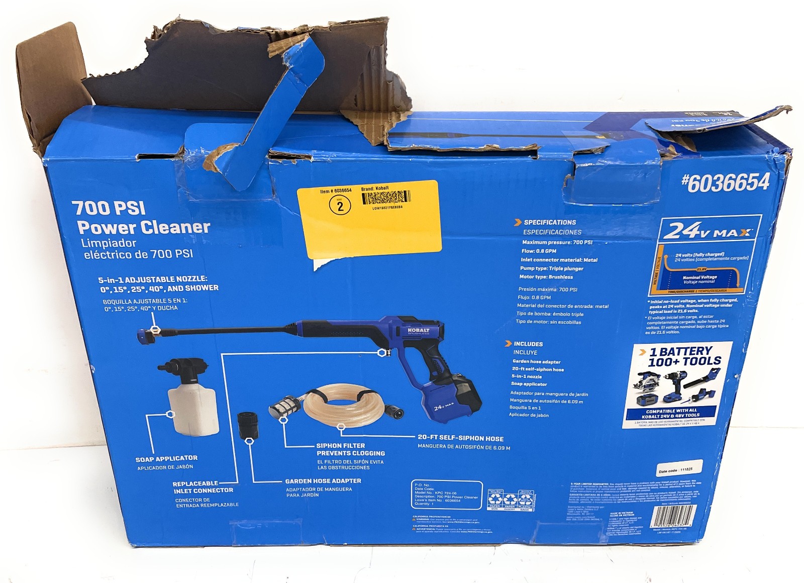 Kobalt 24V Max 700 PSI Brushless Power Cleaner, Tool Only, Blue/Black, 6036654