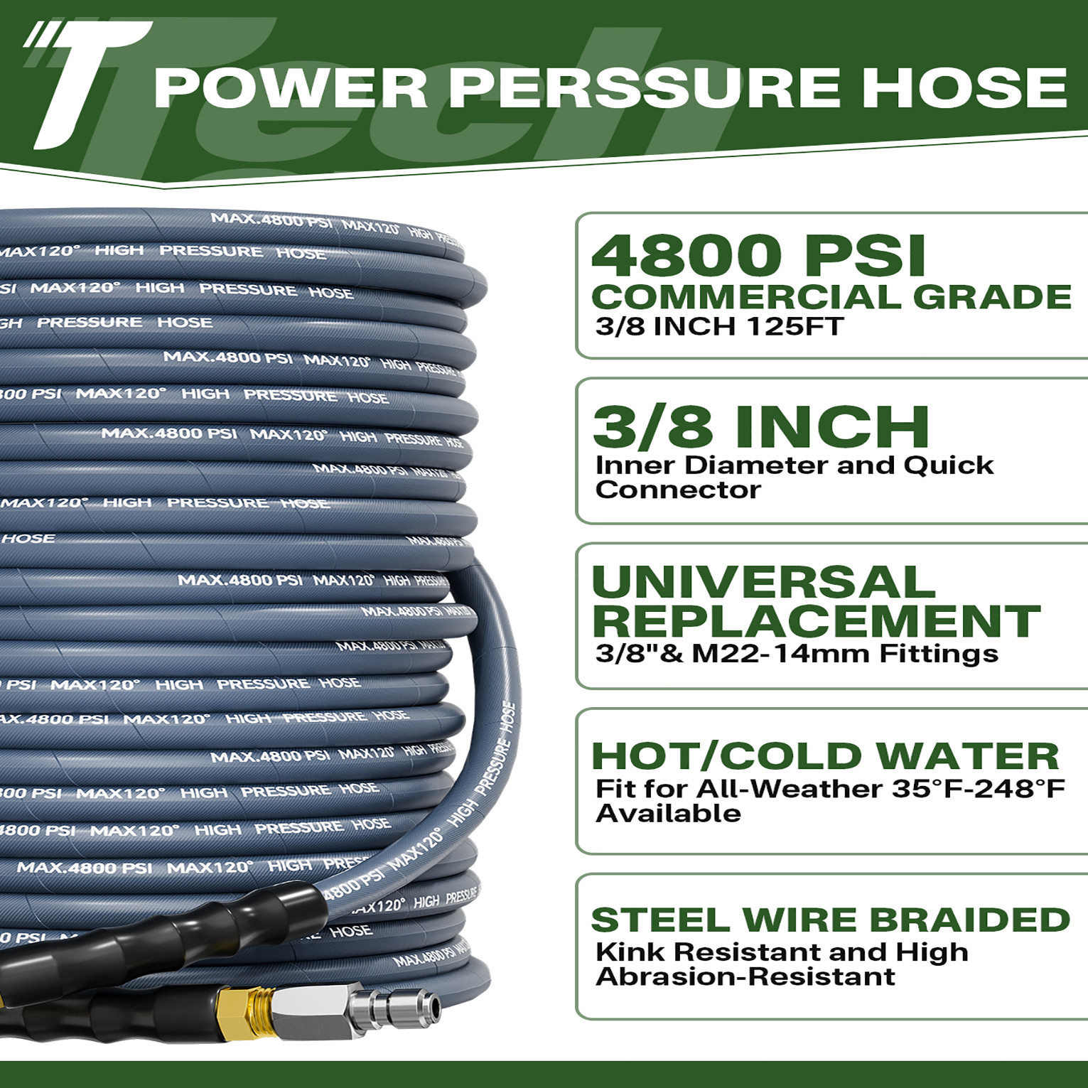 125FT 4800PSI 3/8″ Pressure Washer Hose Kink Resistant Power Hose Quick Connect