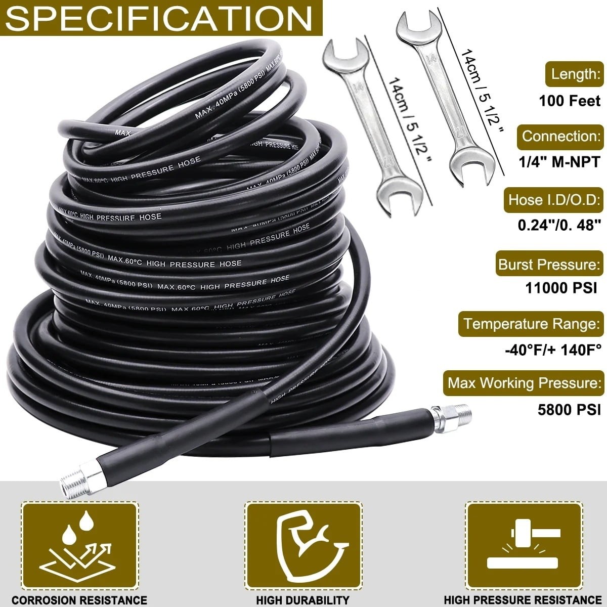 Pressure Washer Sewer Jetter Kit 100Ft 1/4 Inch NPT Hose Nozzles