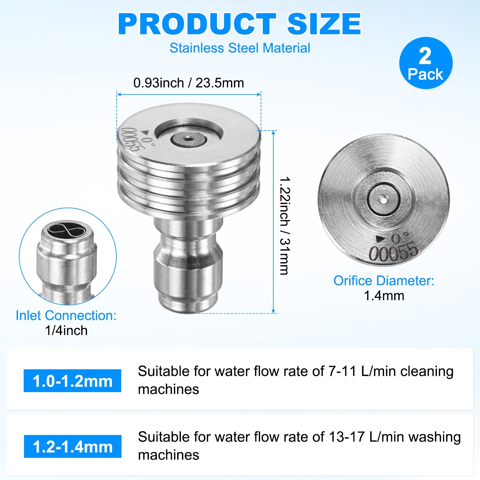 2-Pack 0 Degrees Pressure Washer Nozzle Tips, 1/4 Inch Quick Connect, 1.400mm