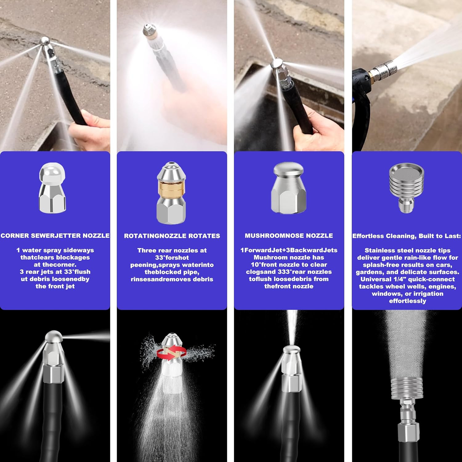 Sewer Jetter Kit for Pressure Washers – 100FT, 5800PSI, 4 Nozzles