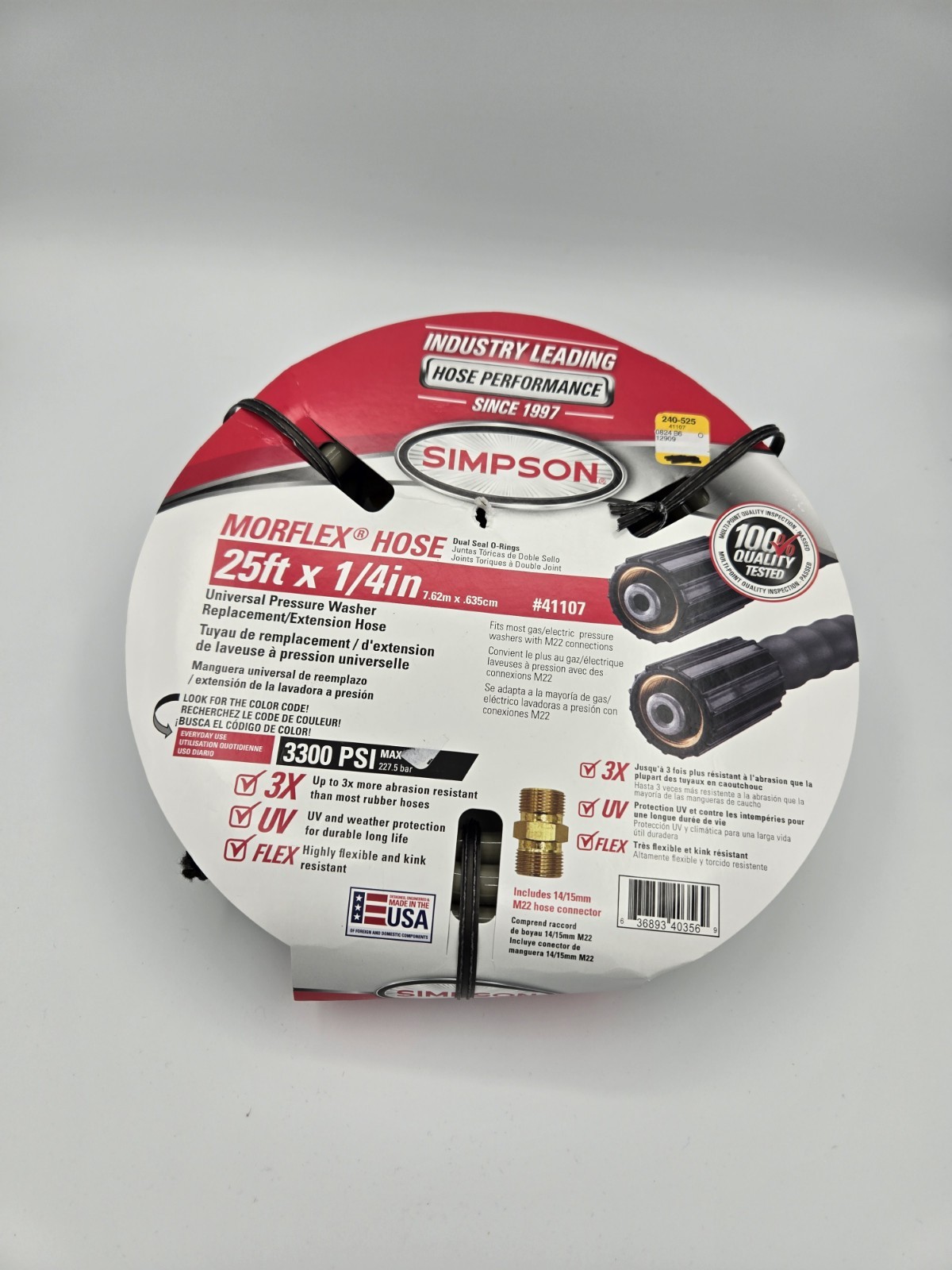 Simpson 41107 Morflex Pressure Washer Hose, Rated Up to 3300 PSI 25′ X 1/4″