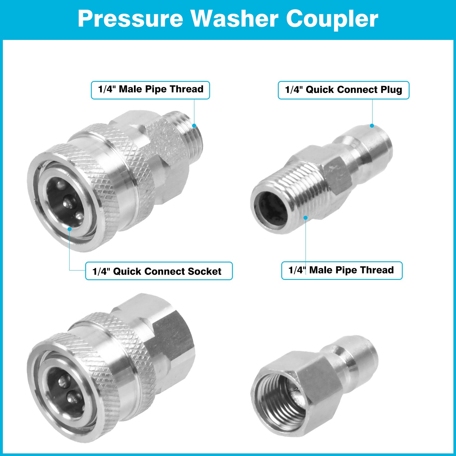 4Pcs NPT 1/4 Inch Pressure Washer Adapter Stainless Steel Quick Connect Fitting