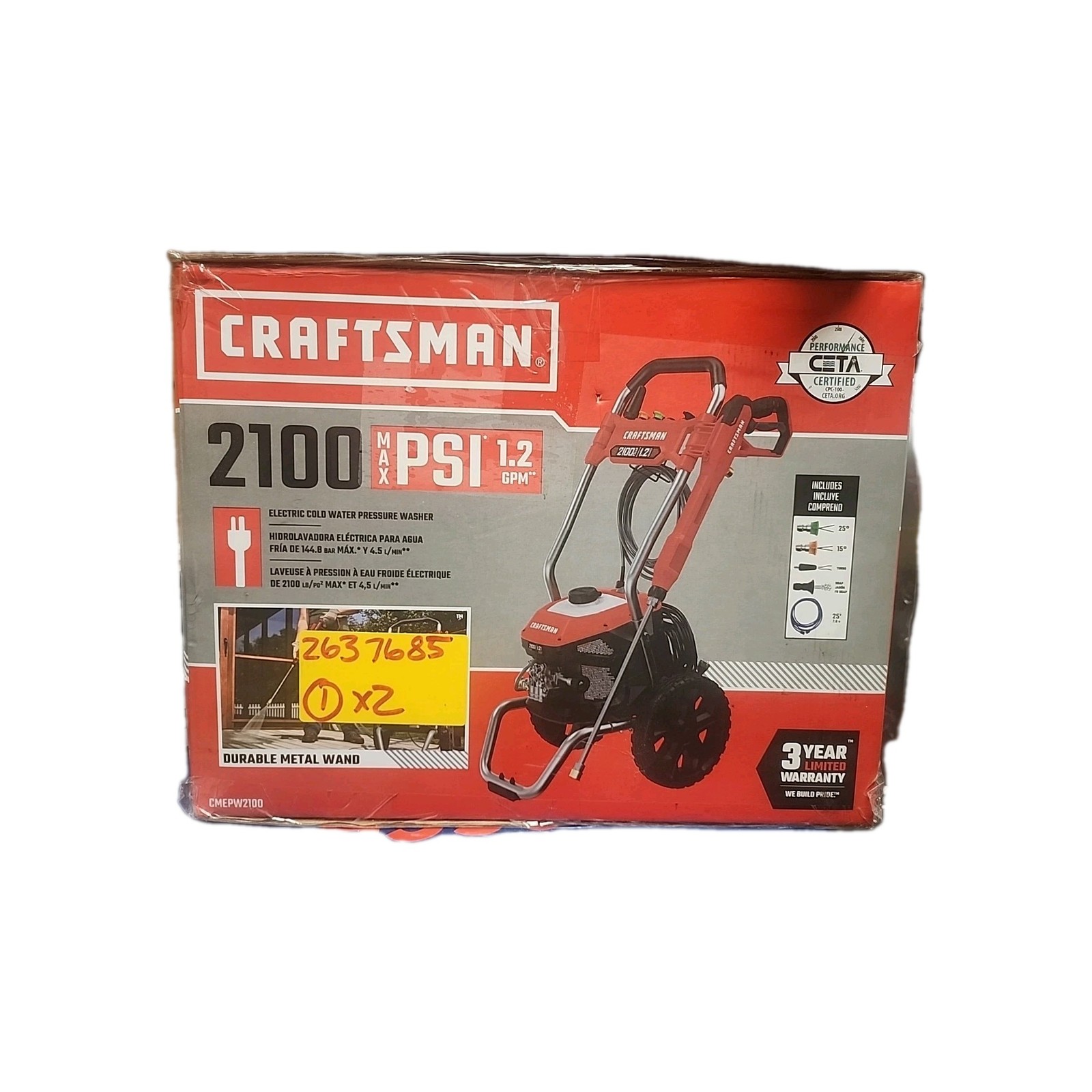 Craftsman 2100 Max Psi 1.2 Gpm Electric Cold Water Pressure Washer CMEPW2100