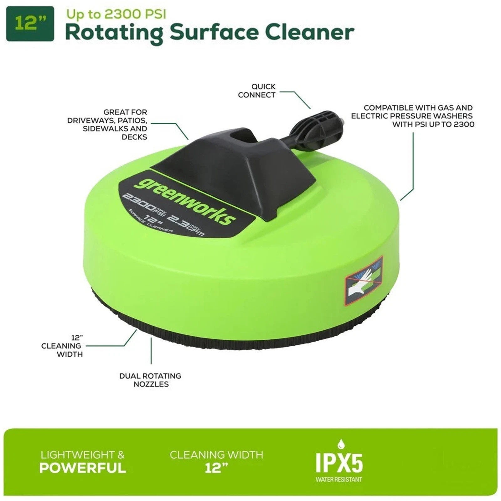 Greenworks 12 inch Rotating Surface Cleaner (max 2300 Psi) 1/4″ Quick Connect