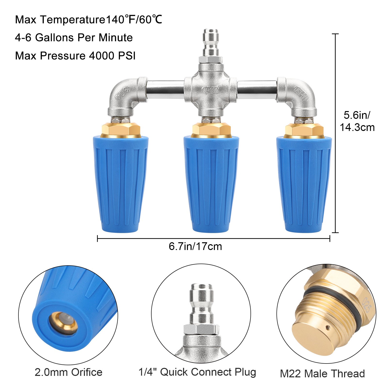 3-in-1 High-Pressure Washer Nozzle Triple Spray Head 4000 PSI 1/4″ Quick Connect