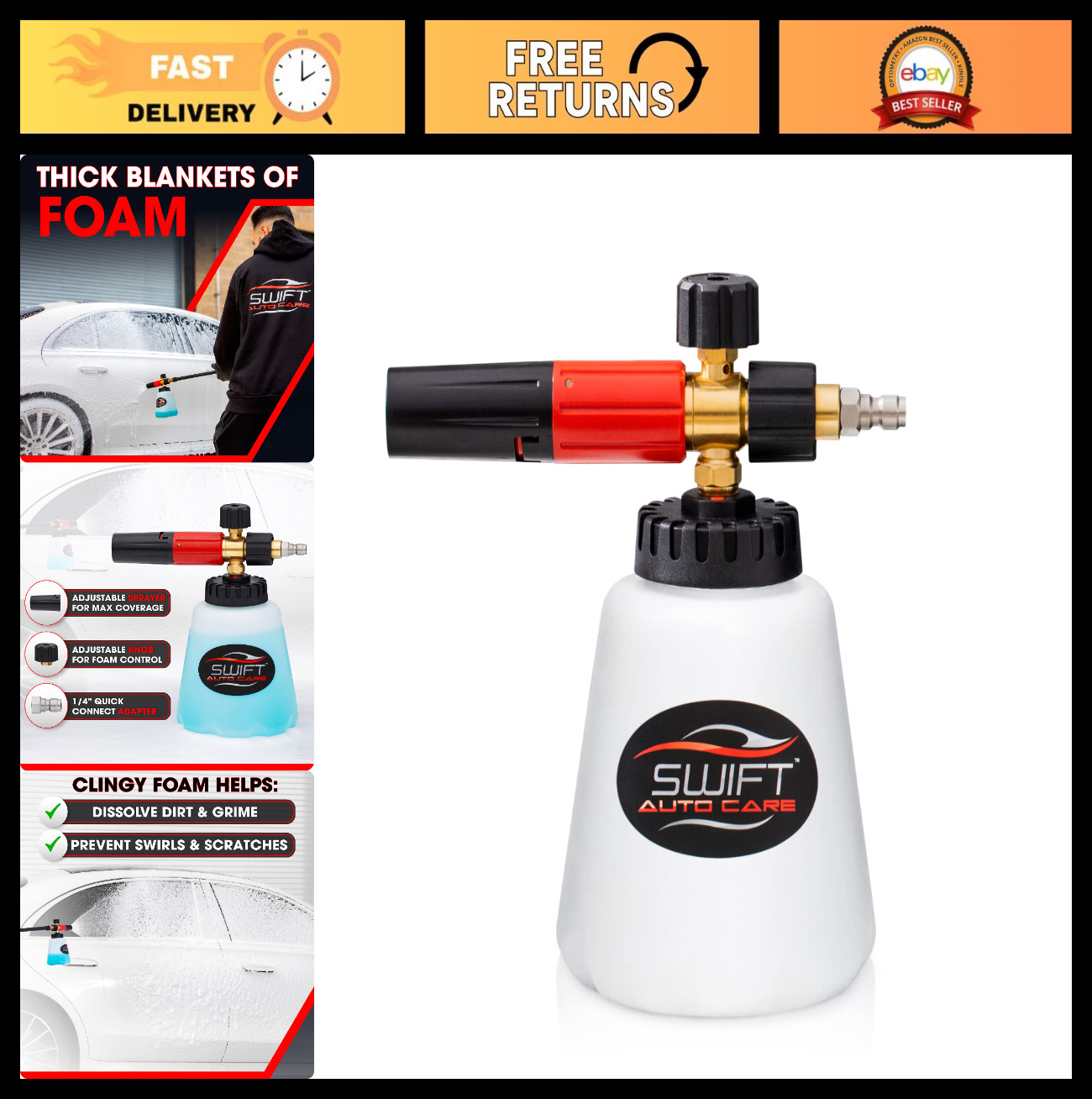 Heavy Duty Foam Cannon for Pressure Washer – Adjustable 1L Snow Foam Sprayer, ¼”