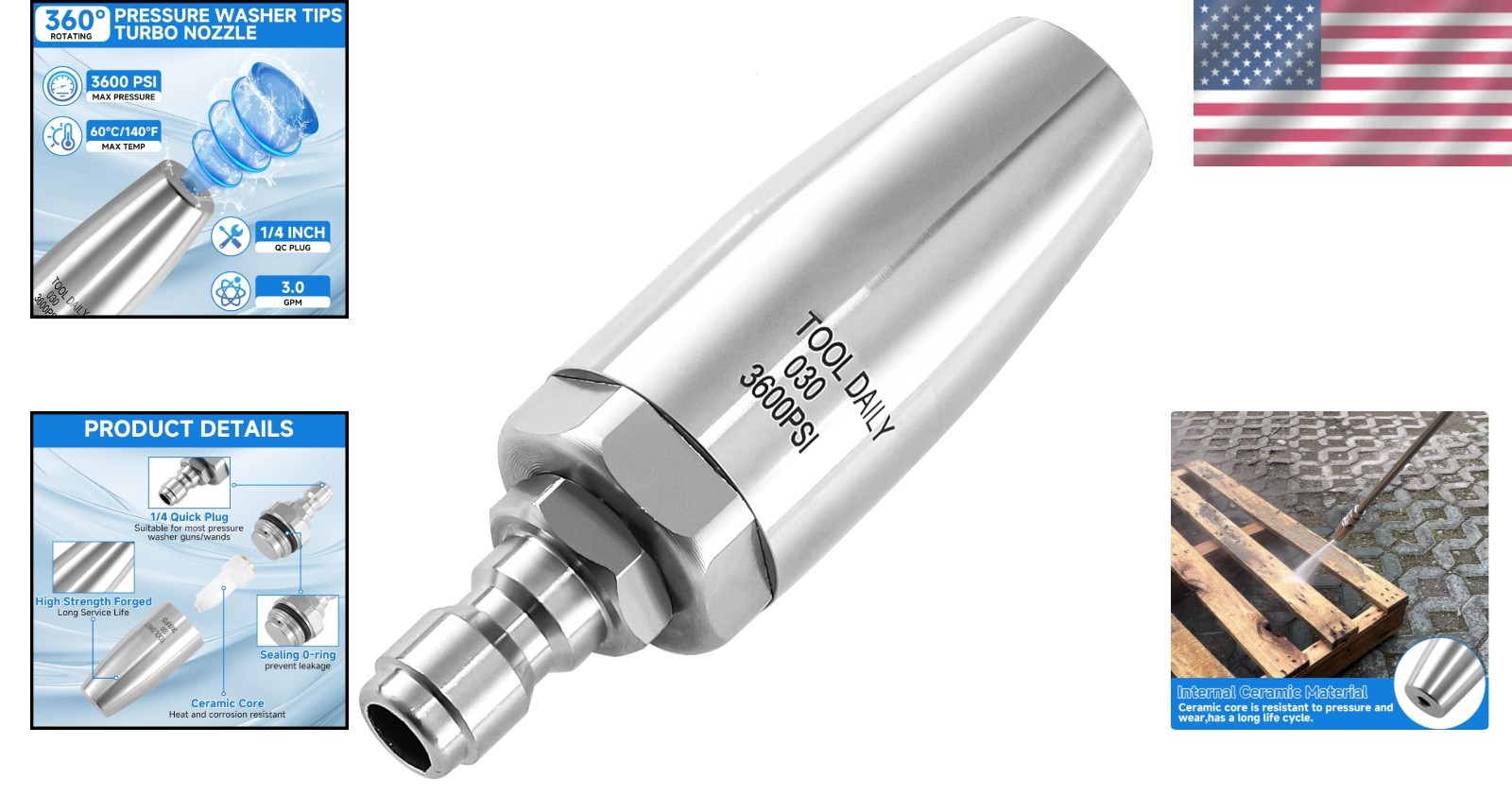 360° Stainless Steel Turbo Nozzle for Pressure Washers – Maximum 3600 PSI Power