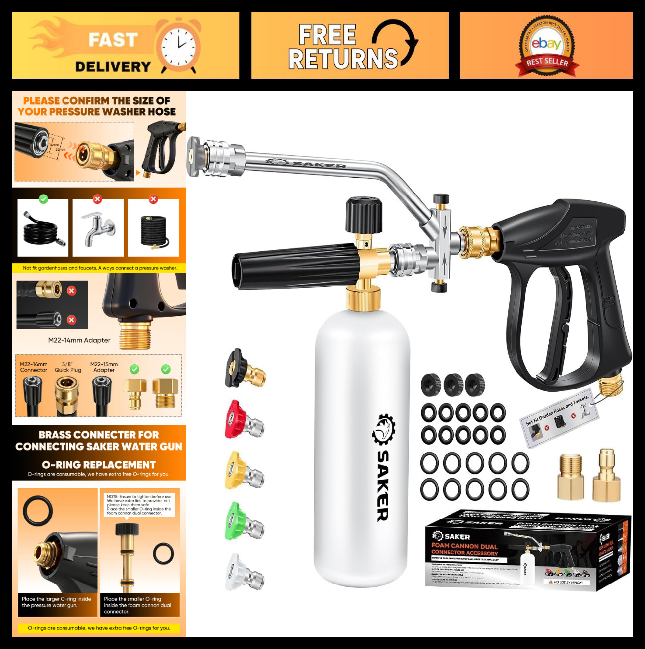 Foam Cannon Dual Connector for Pressure Washer Kit, Spray Gun & 5 Nozzles – Car
