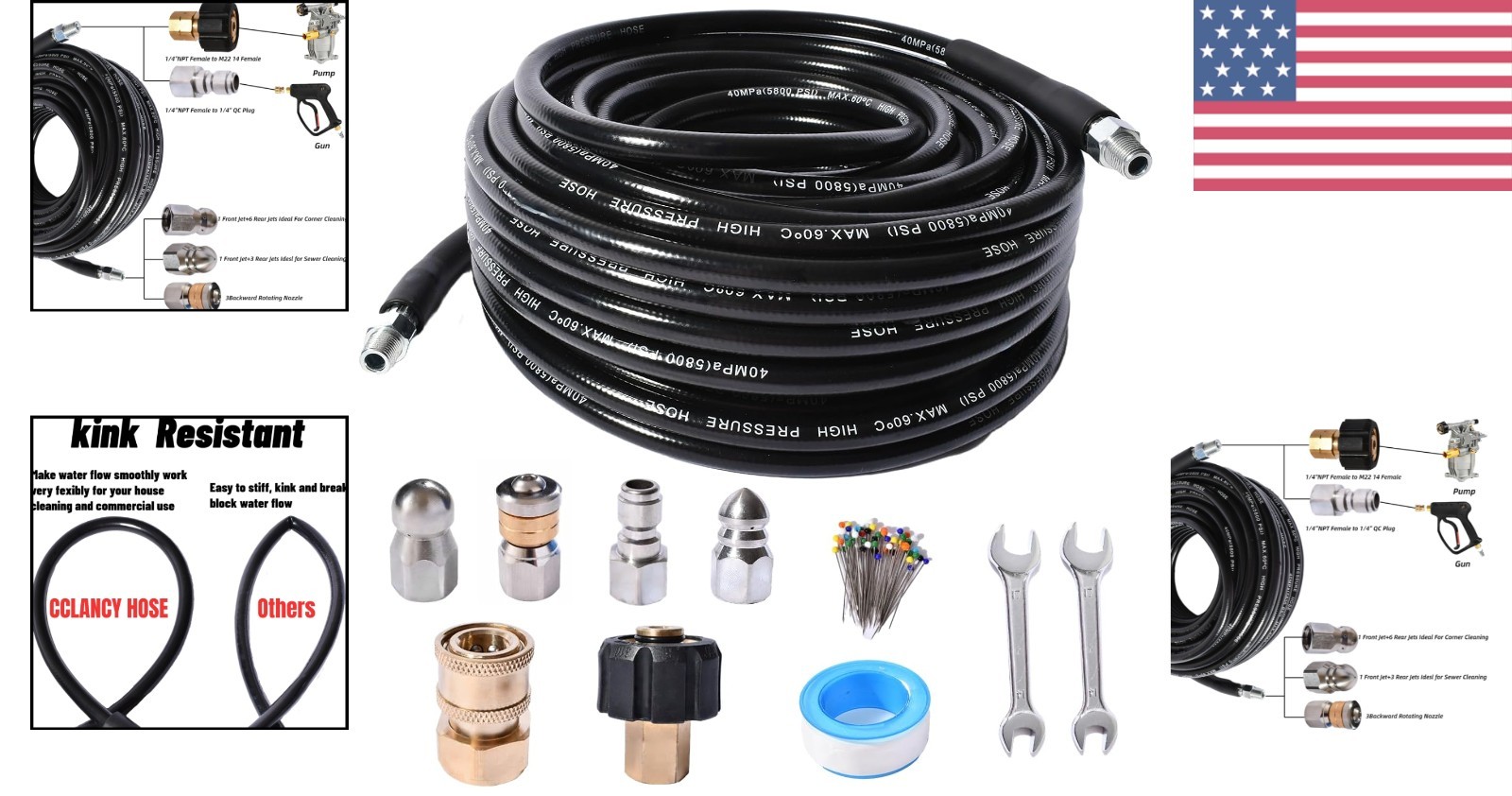 High-Pressure Sewer Jetter Kit – 25ft Hose with Nozzles and Teflon Tape Included