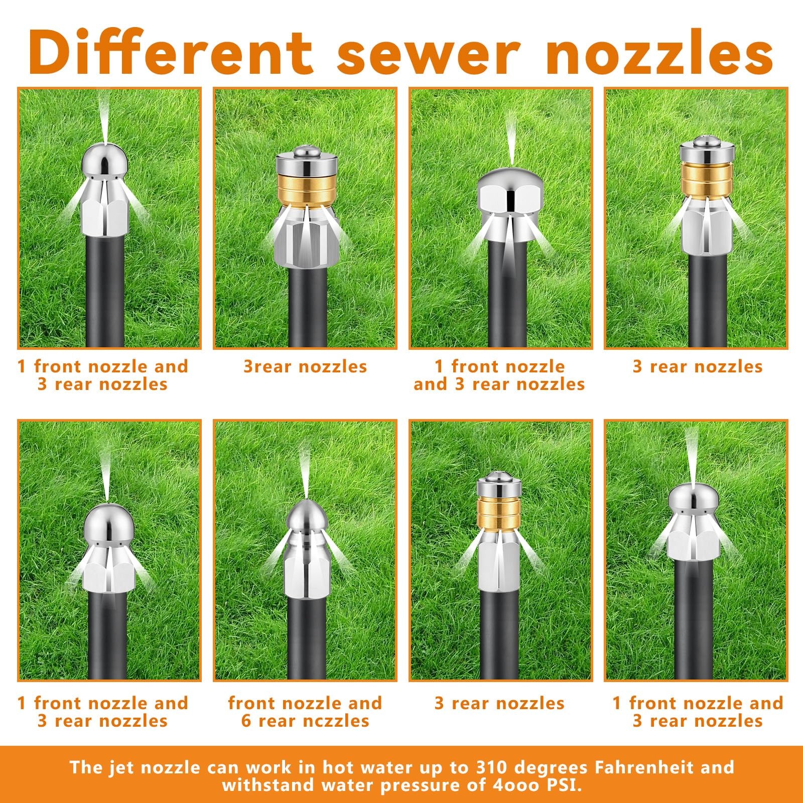 10Pcs Sewer Jetter Nozzle Kit, Stainless Steel, 5000 PSI, 1/4″ & 3/8″ NPT Quick