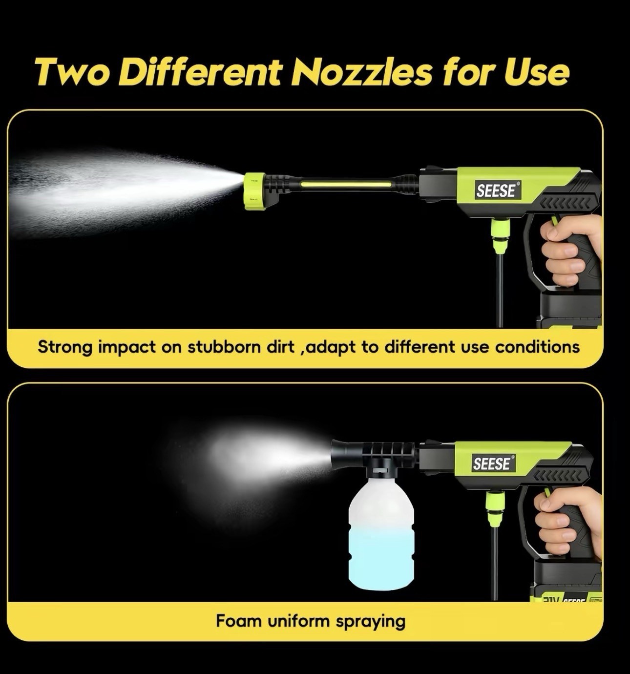 SEESE 21V Cordless Portable Pressure Washer 1000 PSI Water Gun Kit Battery