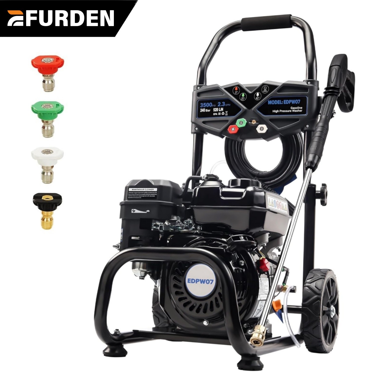 Efurden Gas Powered Pressure Washer 3500PSI 2.3GPM with Soap Tank&4 Nozzle Set