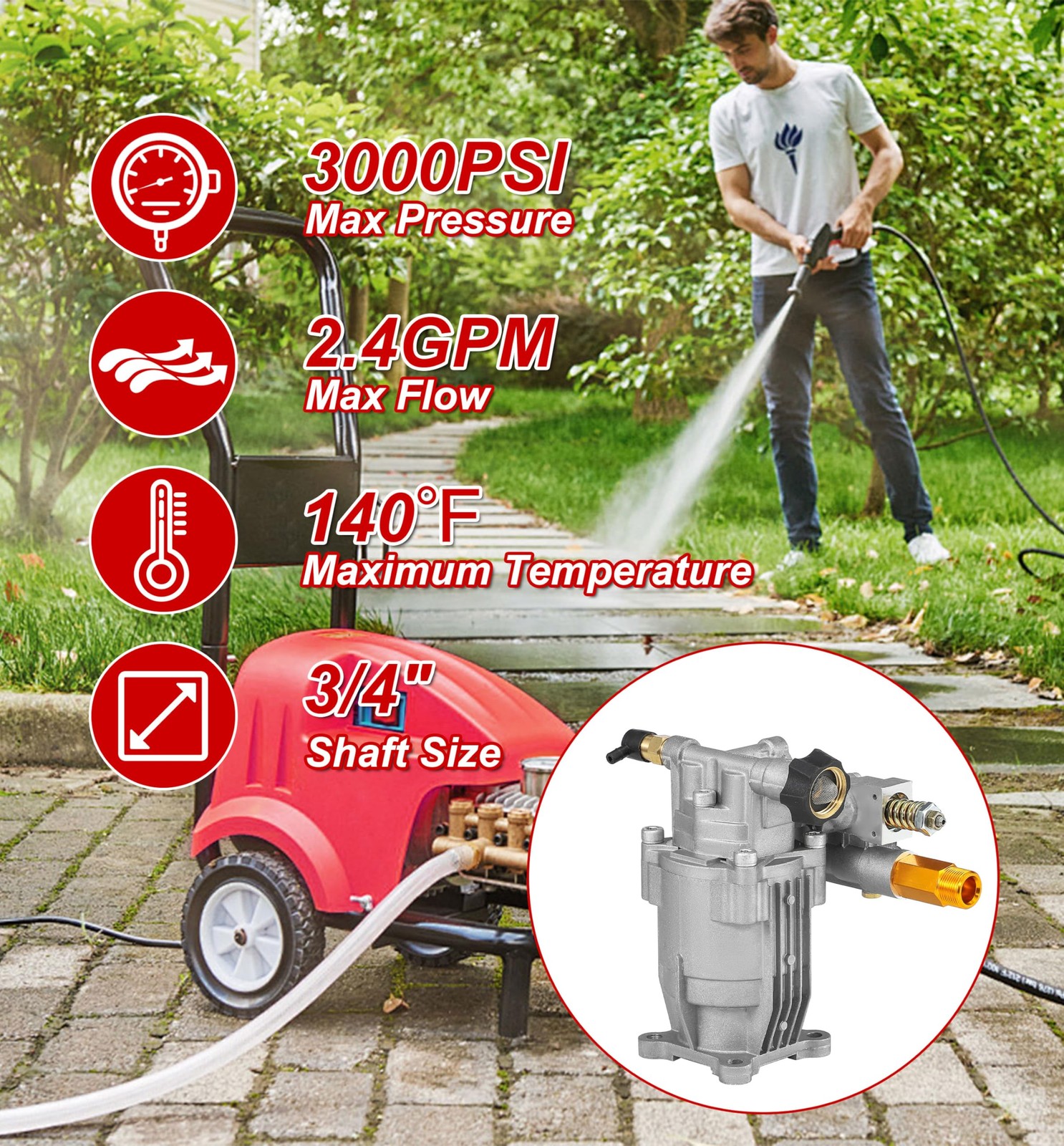 3/4″ Shaft Horizontal Pressure Washer Pump – 3000 PSI Power Washer Pump – Com…