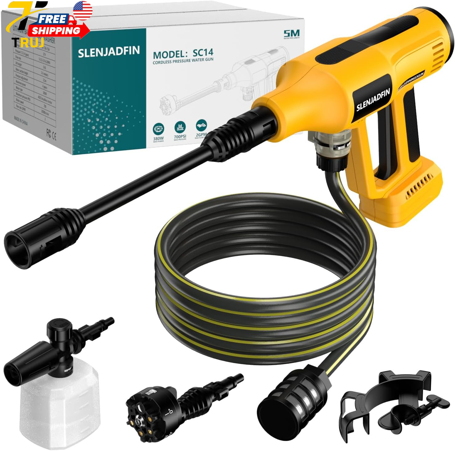Cordless Pressure Washer for De-Walt 20V Battery 700 PSI Portable Handheld Power