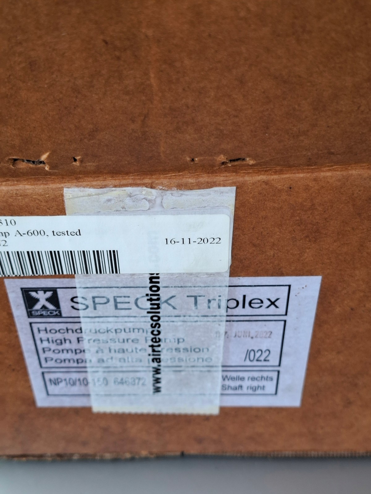 Speck Triplex NP10/10-140 High Pressure Pump 140 Bar / 2030 PSI 10 L/min
