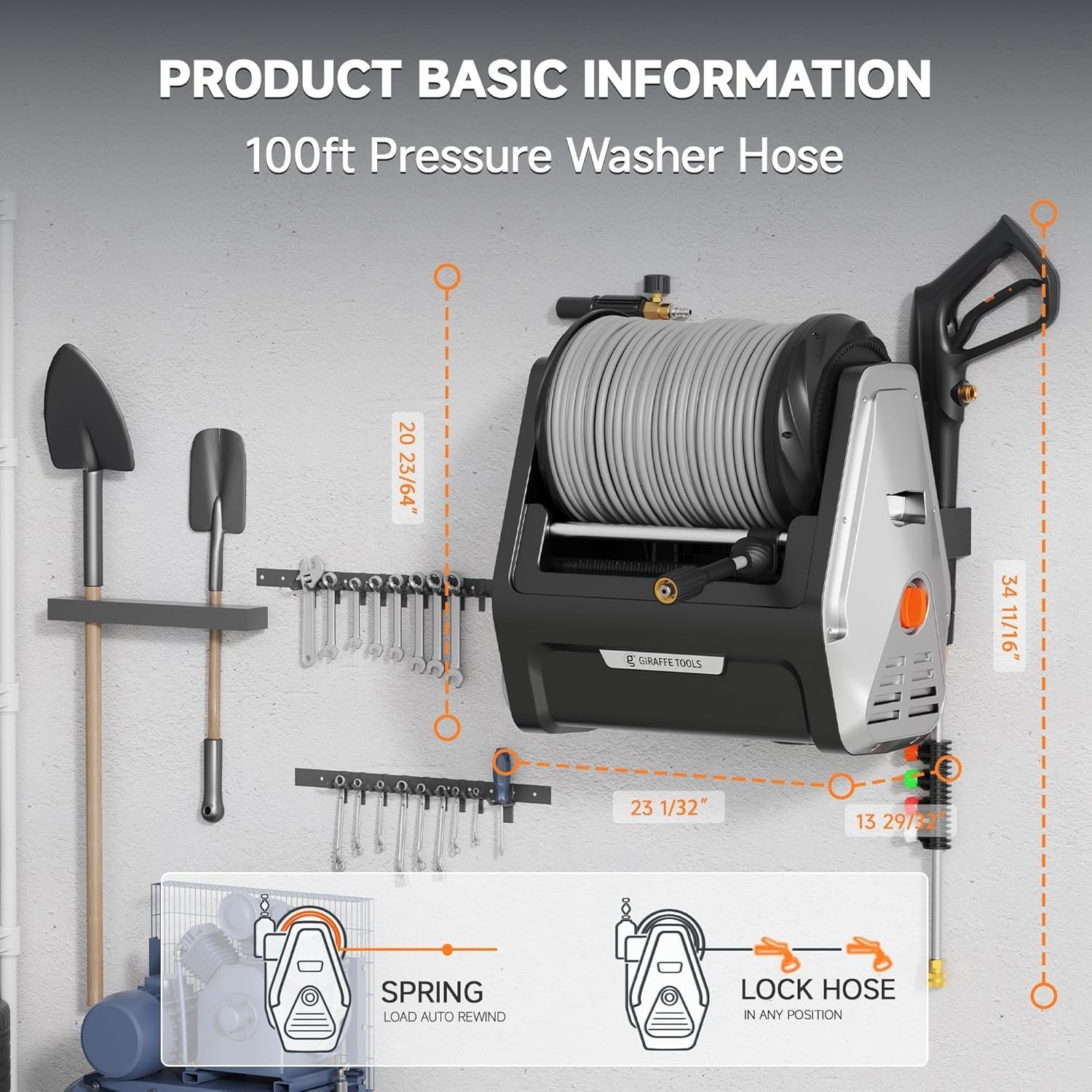 Giraffe Tools Electric Pressure Washer Hose Reel Wall Mounted Pressure Washer