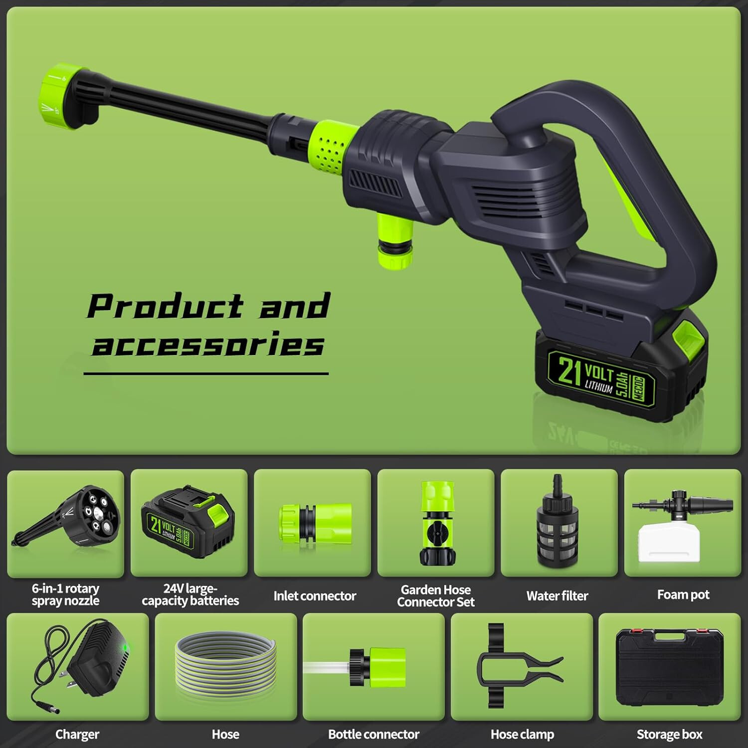 MECOC 6 in 1 Cordless Power Washer Max 970 PSI Portable Pressure 2 Batteries 21V