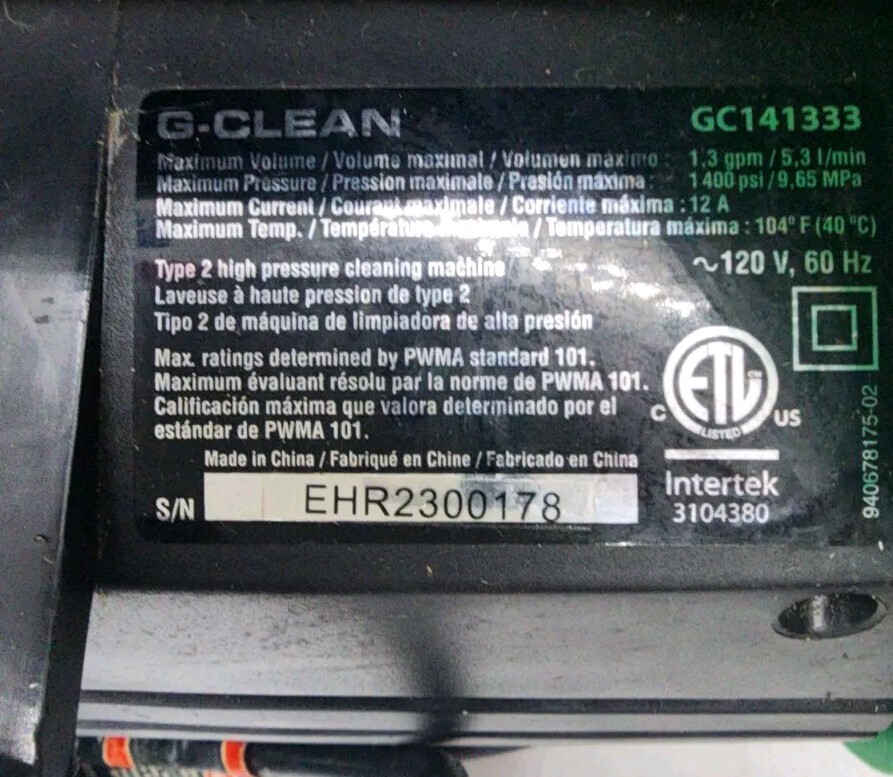 G Clean 1400 PSI Electric 120V Pressure/Power Washer / Pre Owned