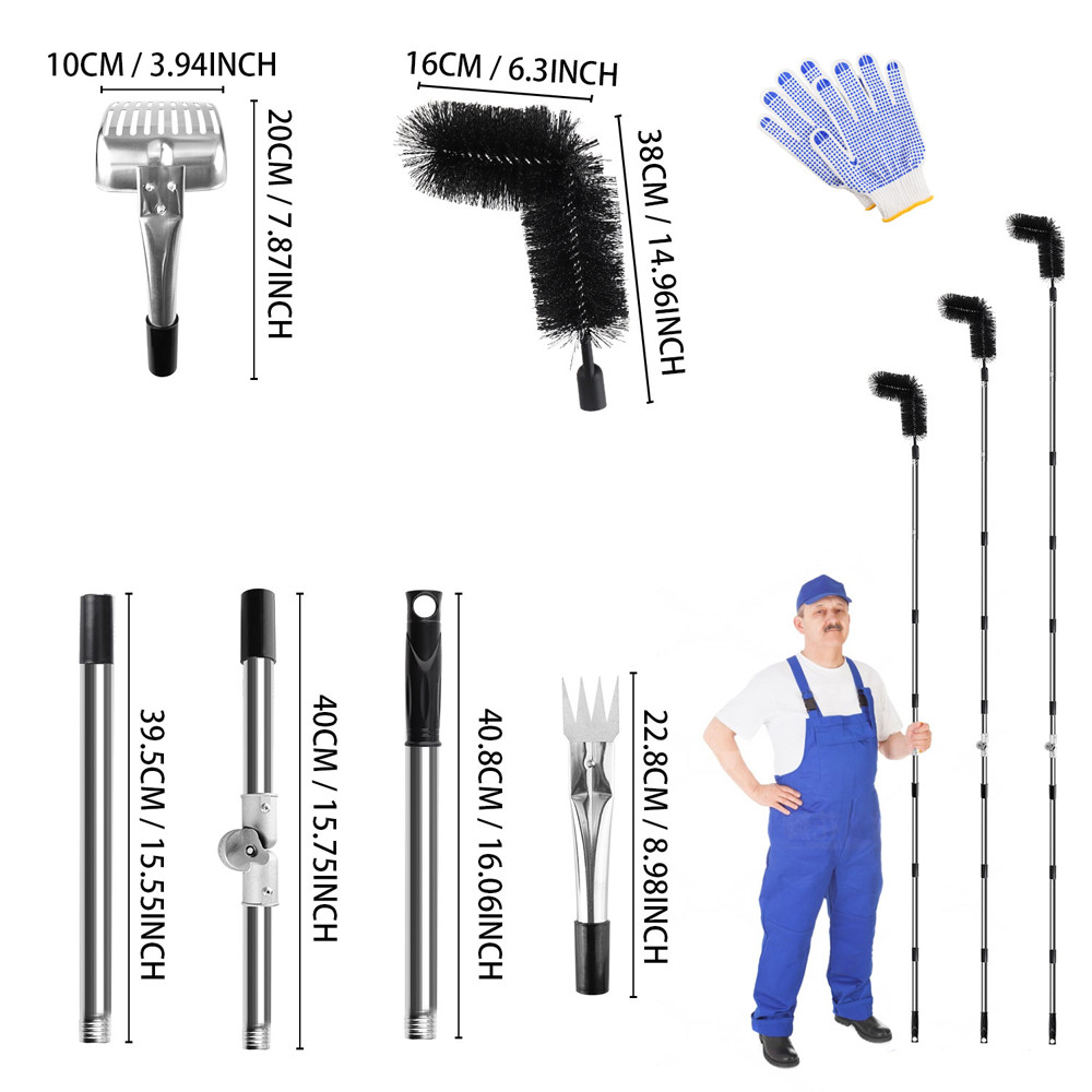 3-in-1 Gutter Cleaning Tools w/ Brush Rake Scoop Glove 180° Adjustable Pole