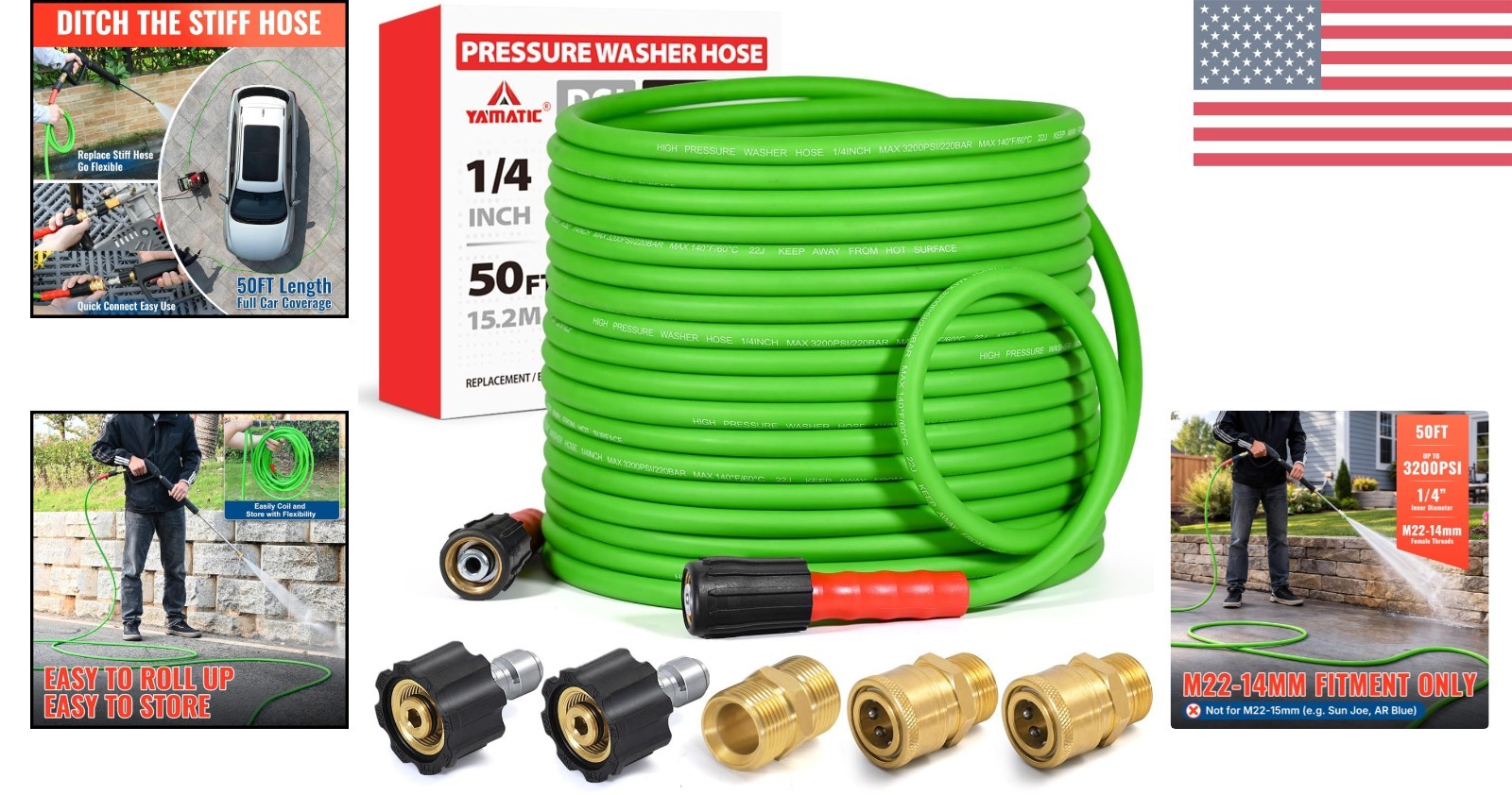 Super Flexible 50FT Pressure Washer Hose – 3200 PSI with Quick Connect Adapters