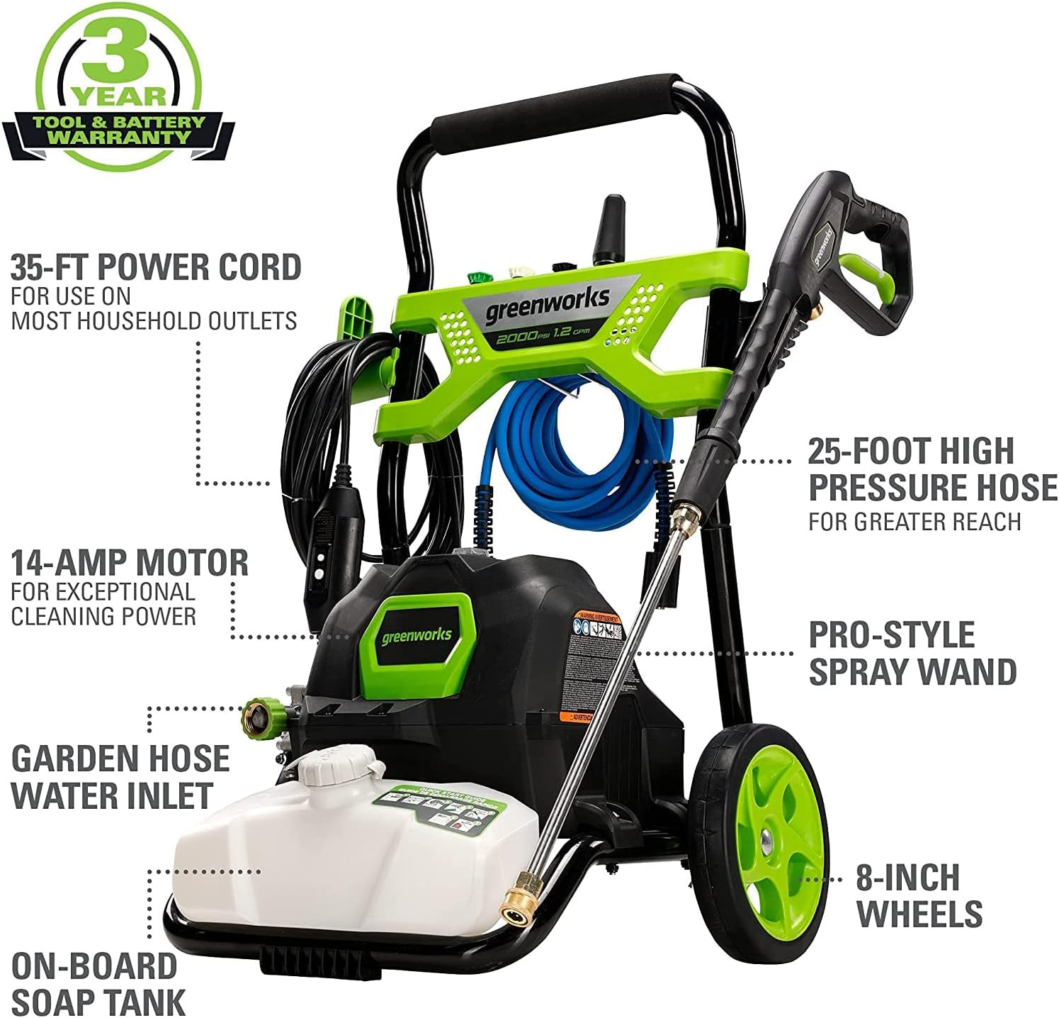 2000 PSI (1.2 GPM) Electric Pressure Washer, Steel Wand, On-Board Soap Tank (25°