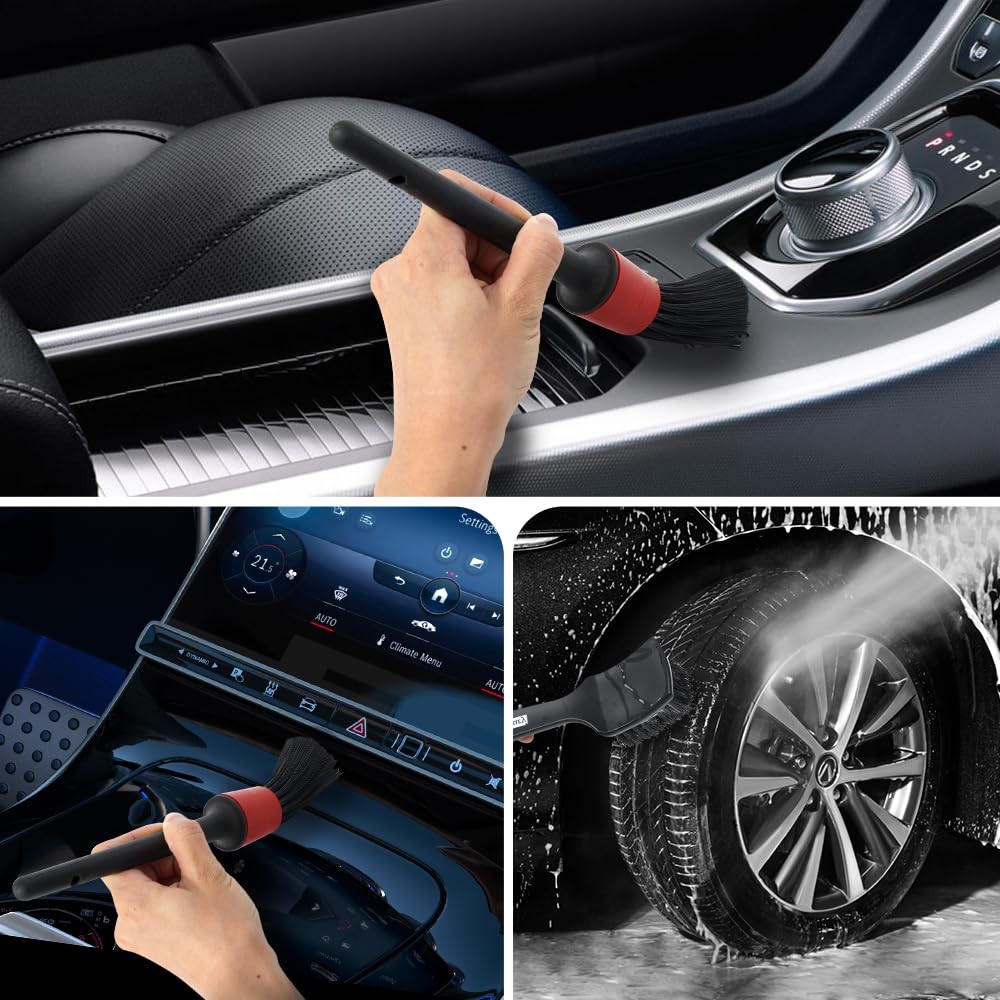 pulwury 9pcs Detailing Brush Set,Interior Cleaning Black, Red, Yellow