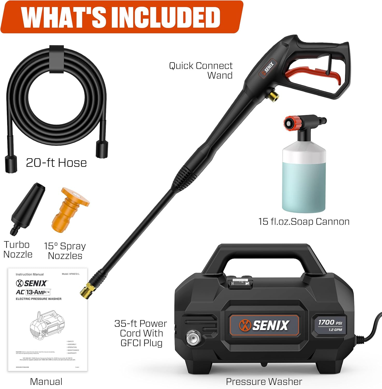 SENIX 13 Amp Electric Pressure Washer – 1700 PSI, 1.2 GPM, Compact with Foam Can