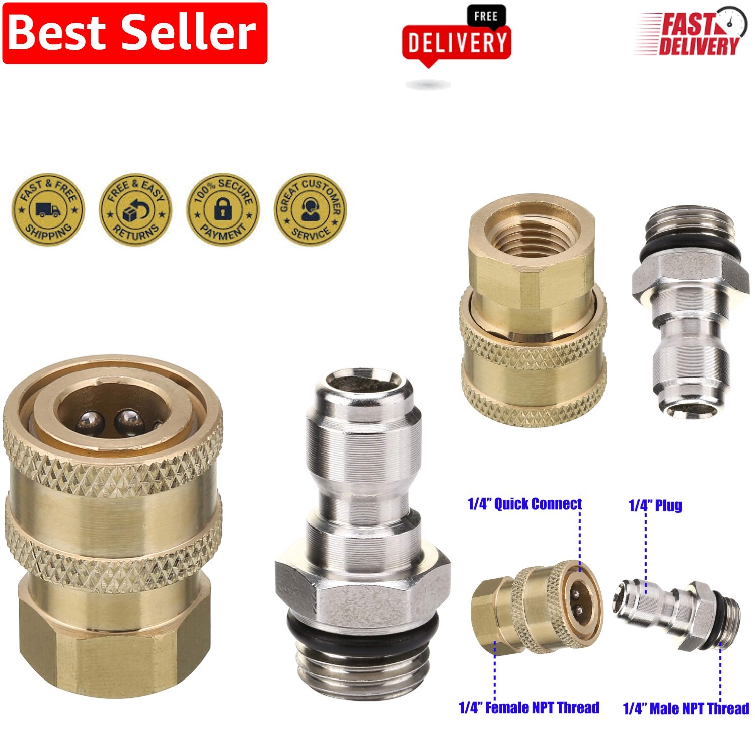 Universal Pressure Washer Quick Connect Fittings – 1/4 Inch Brass & Steel Set