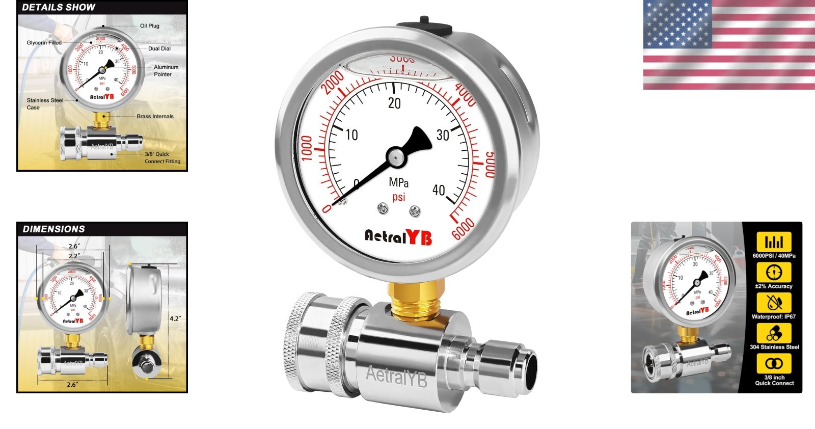Pressure Washer Gauge, Pressure Gauge Kit, 3/8 Inch Quick Connect