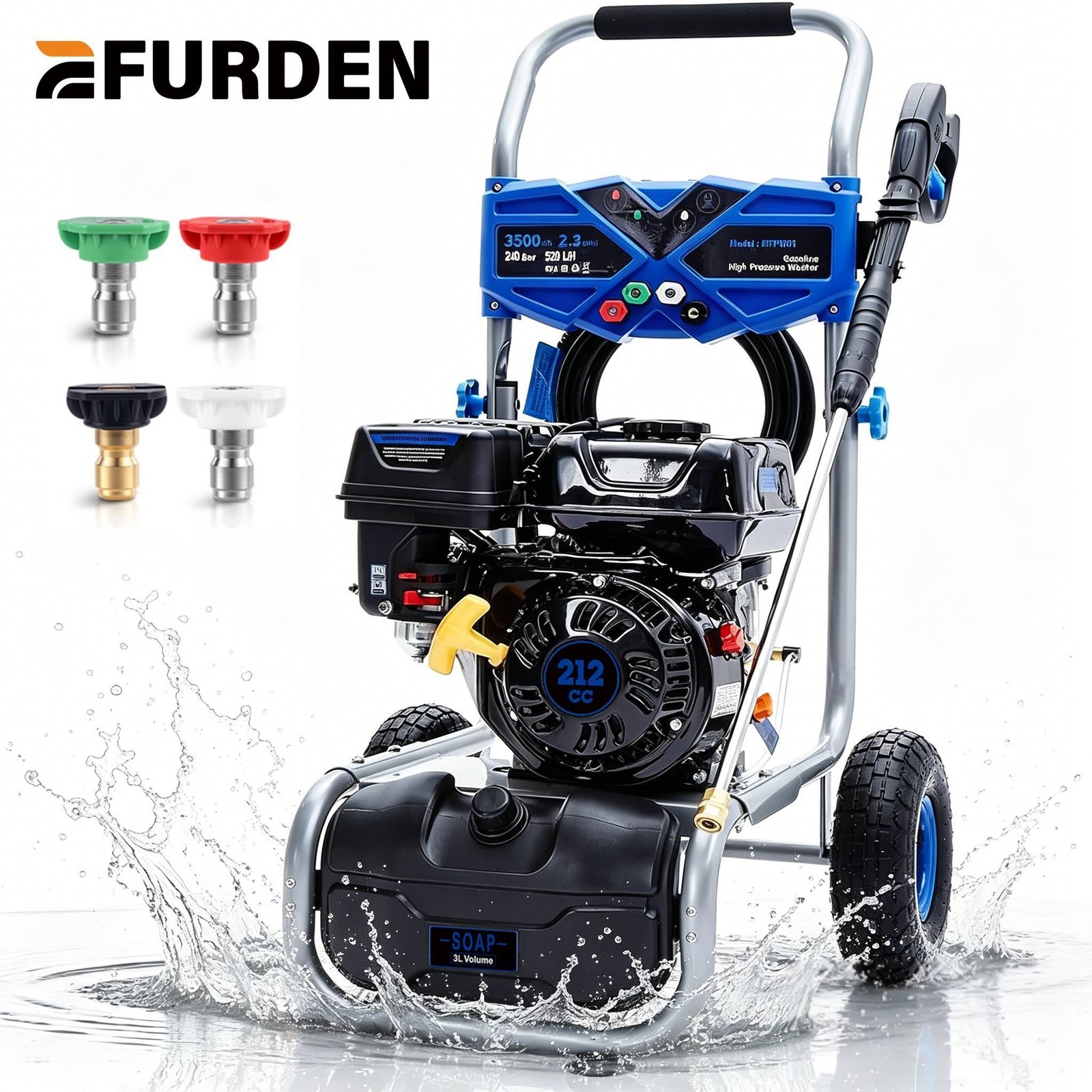 Efurden High Pressure Washer Gas Powered 3500PSI 2.3GPM 4 Nozzles&Soap Tank Set
