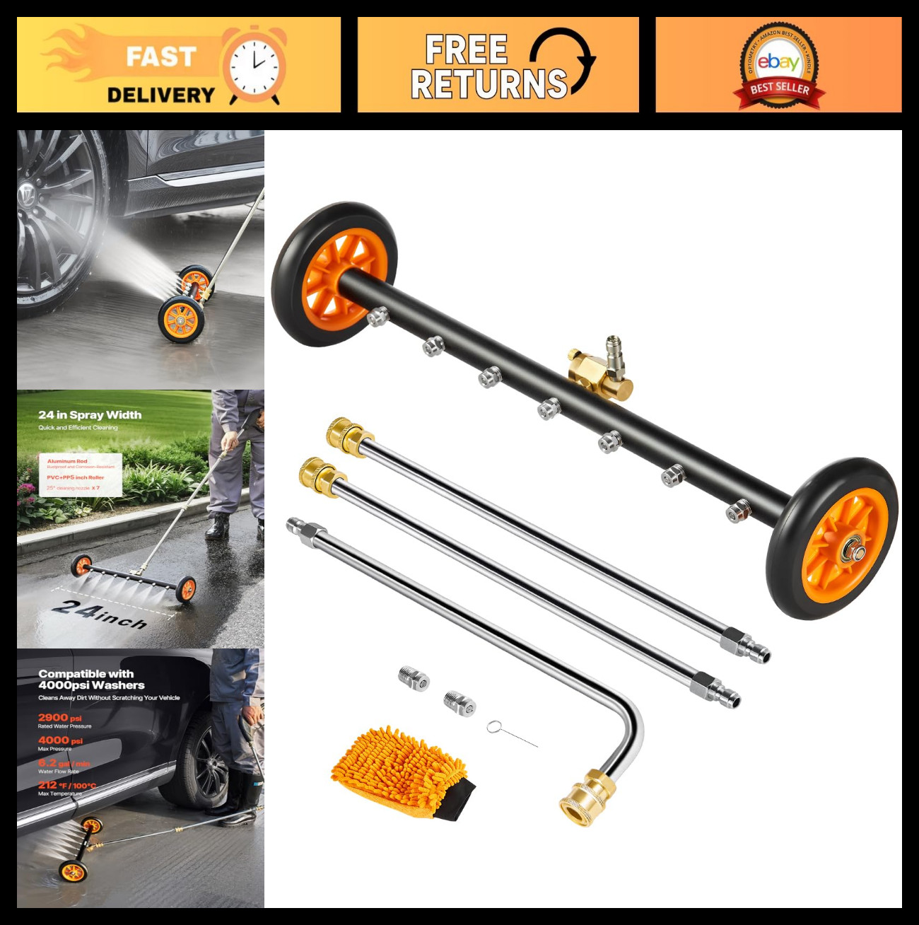 24″ Pressure Washer Undercarriage Cleaner – 4000 PSI, Stainless Steel, 7 Nozzles