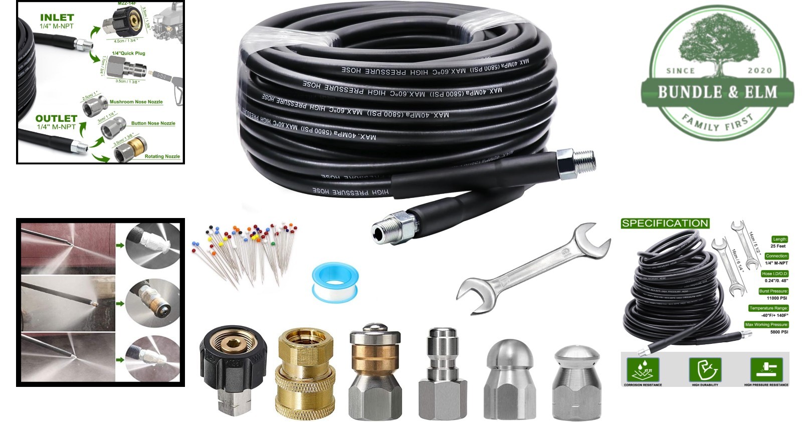 Complete Drain Cleaning Kit with 25 FT Hose and Pressure Washer Connectors